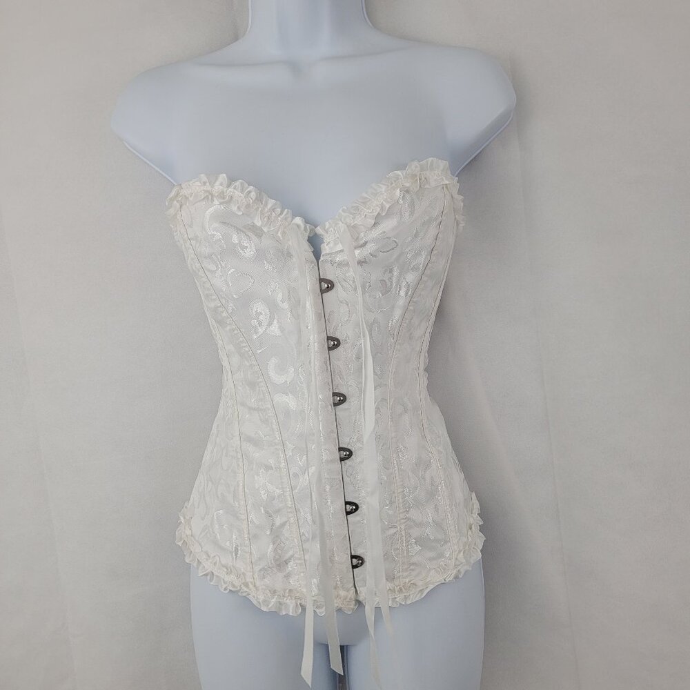 UNBRANDED Womens SMALL Corset Top Romantic White Brocade Shiny Ruffle Bodice